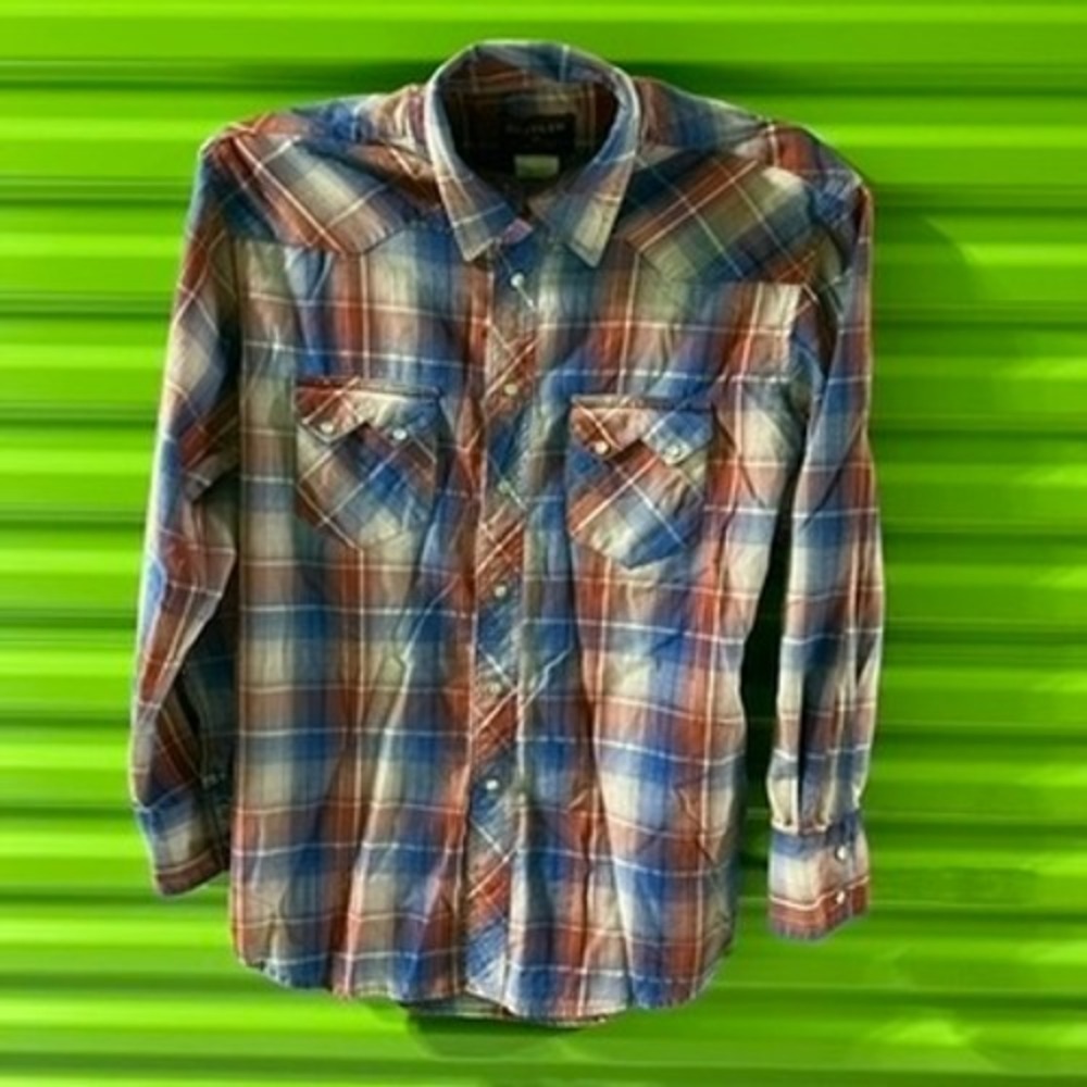 Rustler Wrangler Mens Plaid Western Pearl Snap Shirt Blue Orange Metallic Medium